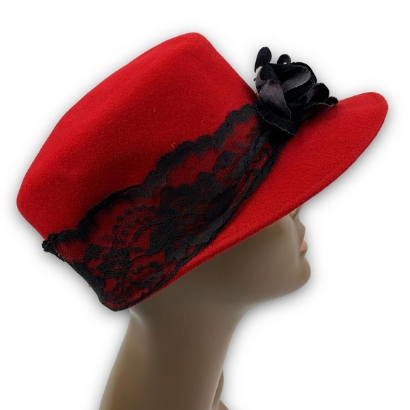 1960's BOLLMAN HAT Co. via KOKIN red wool black rose and lace cap - Picture 12 of 16